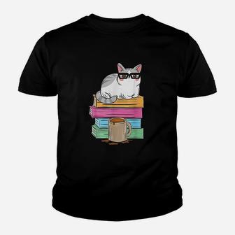 Cat Reading Coffee Youth T-shirt | Crazezy