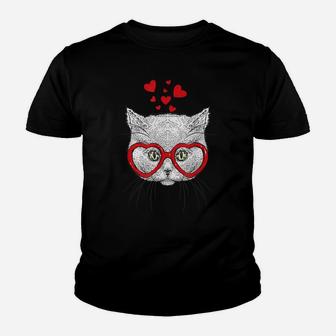 Cat Sunglasses Heart Funny Cute Kitten Valentine Gift Youth T-shirt | Crazezy UK