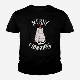 Christmas Cat Annoyed Funny Santa Hat & X-Mas Light Cat Gift Youth T-shirt | Crazezy