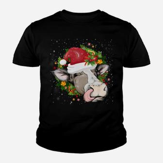 Christmas Cow Head Wreath Cow Wearing Santa Hat Funny Sweatshirt Youth T-shirt | Crazezy CA
