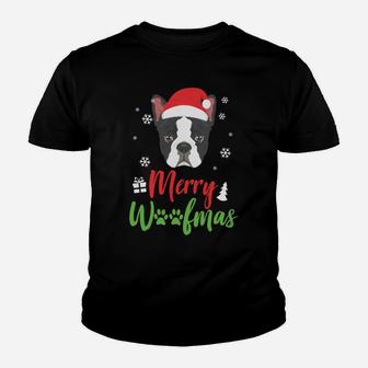 Christmas Dog Boston Terrier Merry Woofmas Gift Sweatshirt Youth T-shirt | Crazezy CA