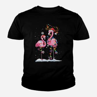 Christmas Flamingo Santa Hat Xmas Lights Flamingo Loves Youth T-shirt | Crazezy