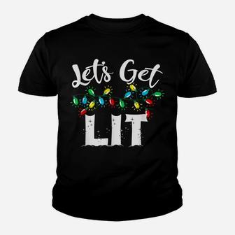Christmas Funny Pajamas Let's Get Lit Drinking Christmas Youth T-shirt | Crazezy