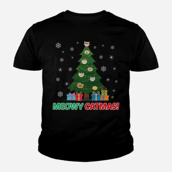Christmas Meowy Catmas Cat Kitty Tree Design Youth T-shirt | Crazezy