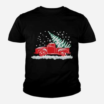 Christmas Tree In Back Of Old Red Pick Up Truck Snowing Youth T-shirt | Crazezy CA