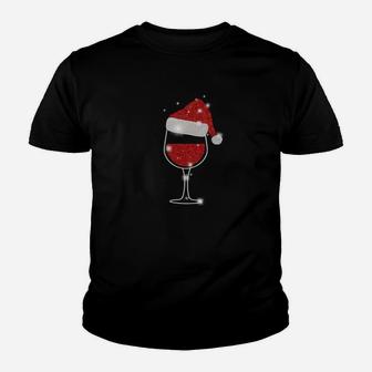 Christmas Wine Sweatshirt Glass Of Red Wine Santa Hat Youth T-shirt | Crazezy