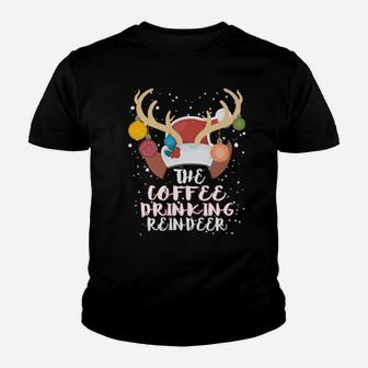 Coffee Drinking Reindeer Group Matching Family Costume Xmas Youth T-shirt - Monsterry