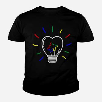 Colorful Light Bulb Puzzle Piece Autism Awareness Autism Youth T-shirt - Monsterry