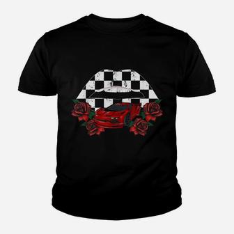 Cool Checkered Lips Kiss Red Rose Flower Car Racing Party Youth T-shirt | Crazezy AU