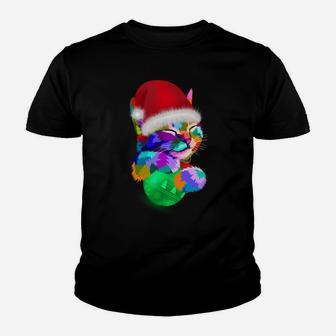 Cute Cat Colorful Funny Santa Hat Christmas Ball Costume Youth T-shirt | Crazezy UK