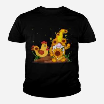 Cute Gnome And Chicken Sunflower Funny Gnome Chicken Farmer Youth T-shirt | Crazezy