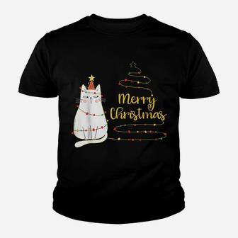 Cute Holiday Cat Tree "Merry Christmas" Cat Lovers Youth T-shirt | Crazezy
