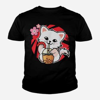Cute Kawaii Neko Japanese Cat Lovers Cat Boba Tea Bubble Tea Youth T-shirt | Crazezy