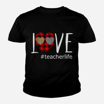 Cute Love Teacher Life Buffalo Plaid Heart Valentines Day Youth T-shirt - Monsterry