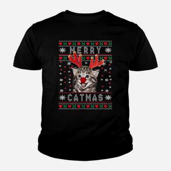Cute Merry Catmas Cat Lovers Reindeer Antlers Ugly Christmas Youth T-shirt | Crazezy UK