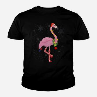 Cute Pink Flamingo With Snow, Lights And Santa Hat Christmas Youth T-shirt | Crazezy