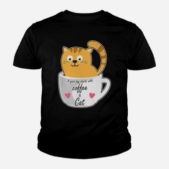 Cute Smiling Coffee Cat Funny Caffeine Lovers Youth T-shirt | Crazezy UK