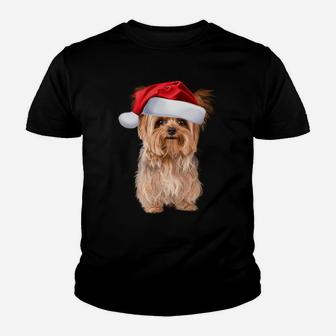Cute Yorkshire Terrier Santa Hat Yorkie Puppy Christmas Gift Sweatshirt Youth T-shirt | Crazezy