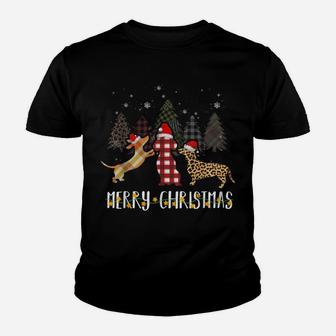 Dachshund Merry Christmas Cute Plaid Leopard Doxie Dog Youth T-shirt | Crazezy