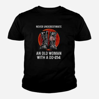 Dd214 Never Underestimate An Old Woman Youth T-shirt | Crazezy DE