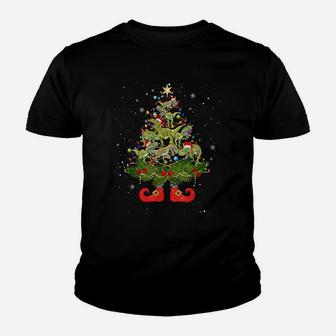 Dinosaur T-Rex Christmas Tree Lights Funny Santa Hat Lover Youth T-shirt | Crazezy