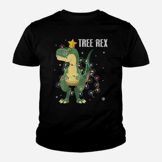 Dinosaur With Christmas Lights Dancing Snow Tree Xmas Rex Youth T-shirt | Crazezy