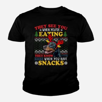Doberman Ugly Xmas Sweatshirt They See You're Eating Sweatshirt Youth T-shirt | Crazezy