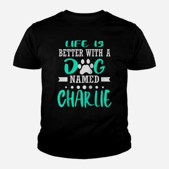 Dog Named Charlie Funny Dog Owner Mom Dad Christmas Gift Raglan Baseball Tee Youth T-shirt | Crazezy