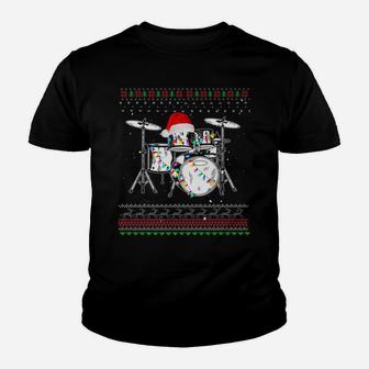 Drummer Musical Instrument Ugly Christmas Drums Santa Hat Youth T-shirt | Crazezy CA