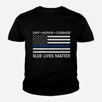 Duty Honor Courage Blue Lives Matter American Flag Youth T-shirt | Crazezy