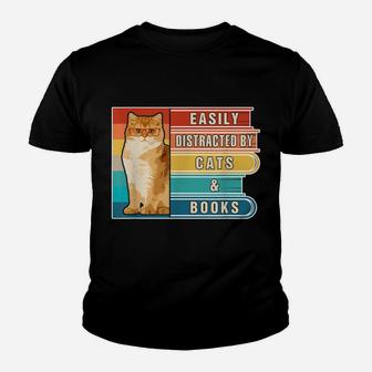 Easily Distracted By Cats And Books Book Lover & Cat Lovers Youth T-shirt | Crazezy UK