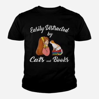 Easily Distracted By Cats And Books Cat Lady Youth T-shirt | Crazezy UK