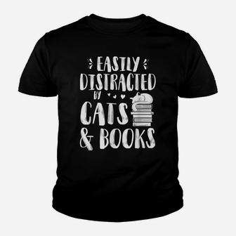 Easily Distracted By Cats And Books Gift For Cat Lovers Youth T-shirt | Crazezy UK