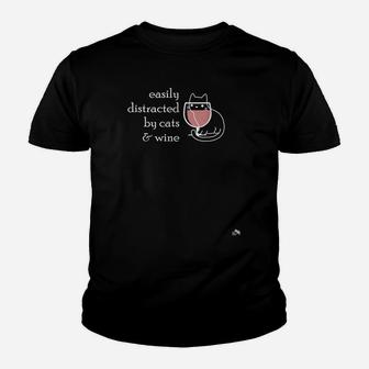 Easily Distracted By Cats & Wine Gift For Wine & Cat Lovers Youth T-shirt | Crazezy UK