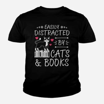 Easily Distracted By Cats Books Women Tee Birthday Christmas Youth T-shirt | Crazezy