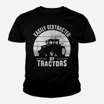 Easily Distracted By Tractors Farmer Tractor Funny Farming Youth T-shirt | Crazezy
