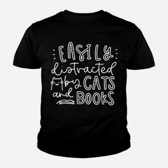Easily Distracted Cats And Books Funny Gift For Cat Lovers Youth T-shirt | Crazezy UK