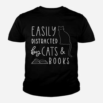 Easily Distracted Cats And Books Funny Gift For Cat Lovers Zip Hoodie Youth T-shirt | Crazezy DE