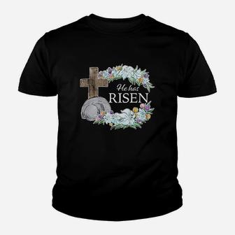 Easter He Has Risen With Cross And Flowers Youth T-shirt | Crazezy