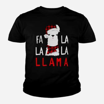 Fa Lalalaaaa Llama Wearing Buffalo Plaid Scarf Christmas Youth T-shirt | Crazezy CA
