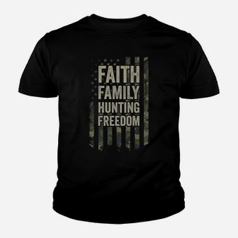 Faith Family Hunting Freedom - Funny Hunter Usa Camo Flag Youth T-shirt | Crazezy