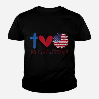 Faith Love Freedom American Flag Flower Christian Youth T-shirt | Crazezy