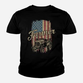Farmer American Flag Retro Farming Tractor Usa Patrioticic Youth T-shirt | Crazezy DE