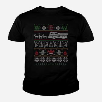 Firefighter Fire Truck Pulled By Reindeer Ugly Christmas Youth T-shirt | Crazezy