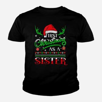 First Christmas As A Sister Funny Santa Hat Ugly Xmas Gift Youth T-shirt | Crazezy