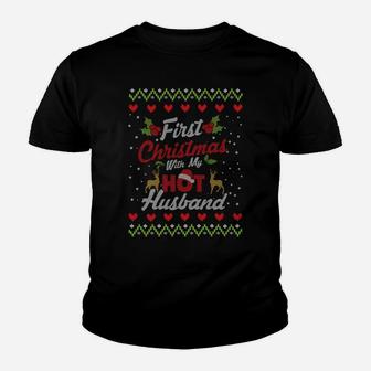 First Christmas With My Hot Husband Married Matching Couple Sweatshirt Youth T-shirt | Crazezy