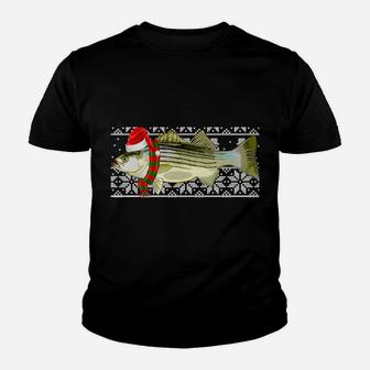 Fish Xmas Santa Hat Striped Bass Ugly Christmas Sweatshirt Youth T-shirt | Crazezy DE