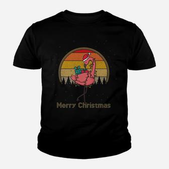 Flamingo Christmas On Vintage Sunset Santa Hat Merry Xmas Youth T-shirt | Crazezy
