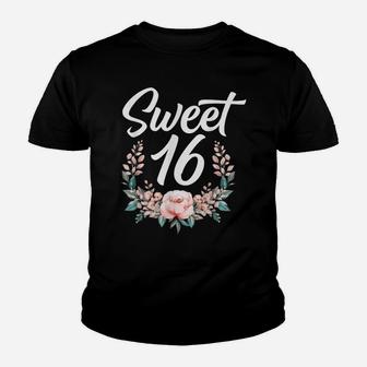 Floral Sweet Sixteen 16Th Birthday Flower Sweet 16 Youth T-shirt | Crazezy