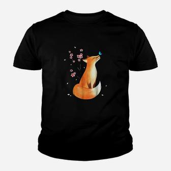 Fox Japanese Cherry Blossom Flower Vintage Gift Youth T-shirt | Crazezy